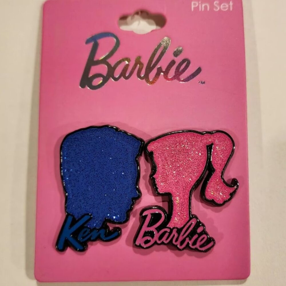Barbie And Ken Silhouette Pin Set Blue And pink Glitter Neon Tuesday Mattel NEW